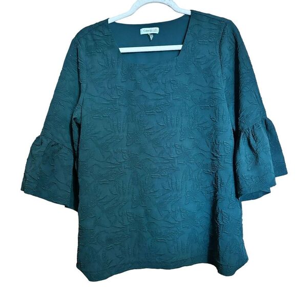 Calvin Klein Top Womens Medium Green Floral Textured Bell Sleeves Stretch Blouse - Picture 1 of 8